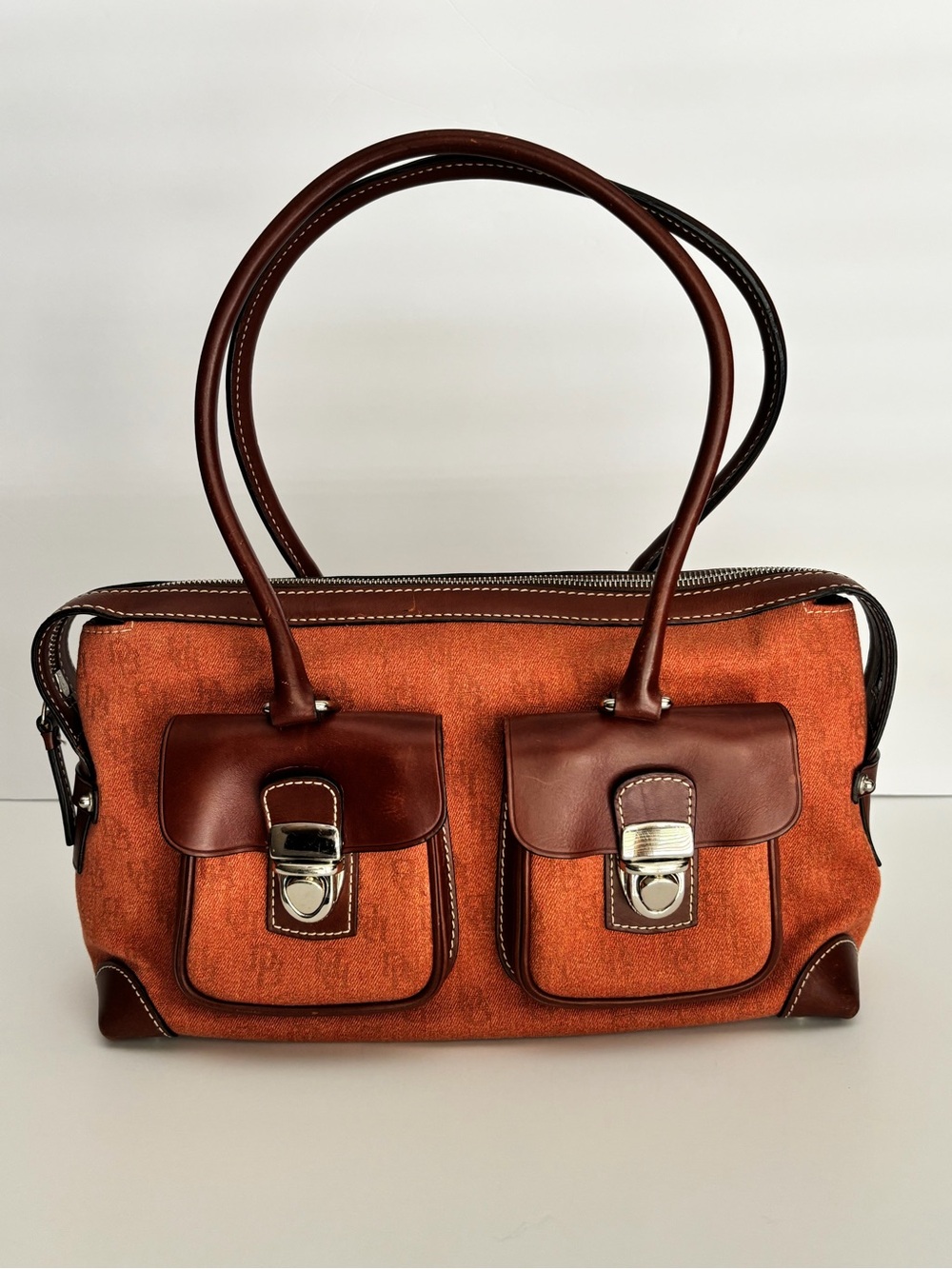 Dooney & Bourke Double Pocket Signature Satchel Toasty Orange Brown
